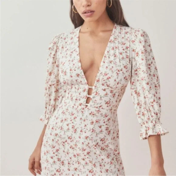 Reformation Marina Ditsy Floral Cream Mini Dress Size 0 - Picture 2 of 12